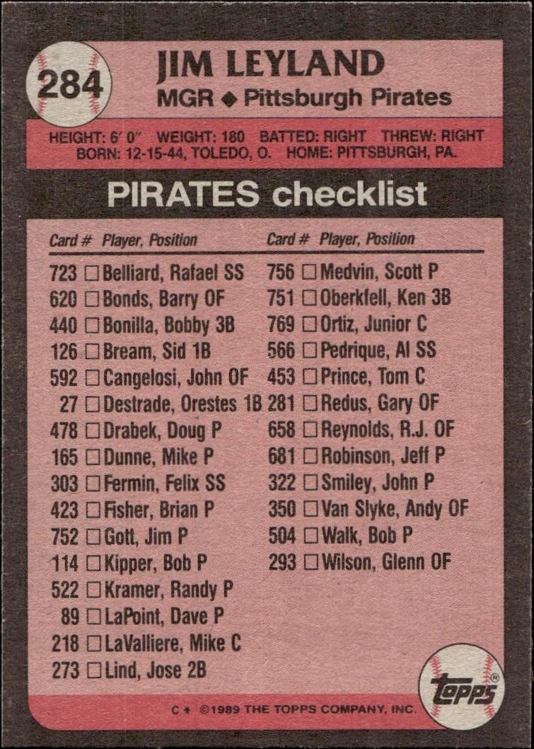 1989 Topps Jim Leyland #284 baseball trading card back