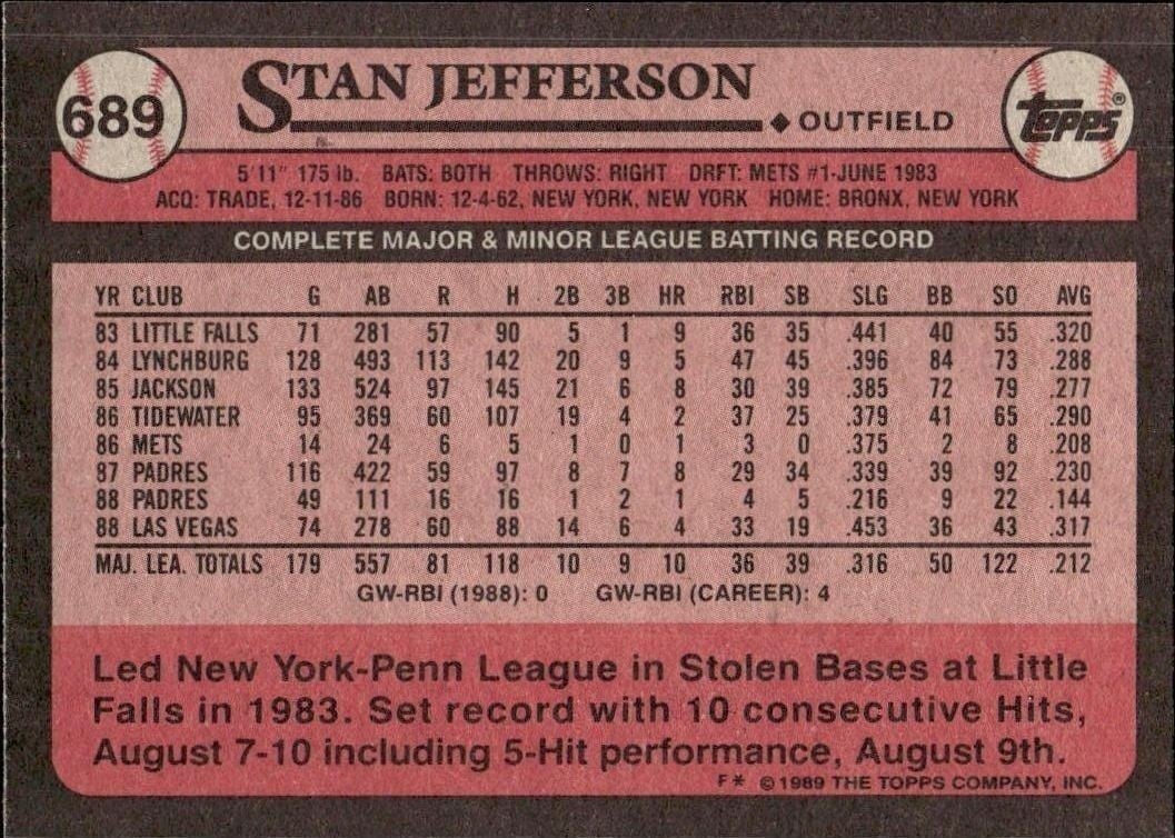 1989 Topps Stan Jefferson #689 baseball trading card back