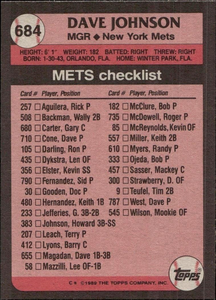 1989 Topps Dave Johnson #684 baseball trading card back