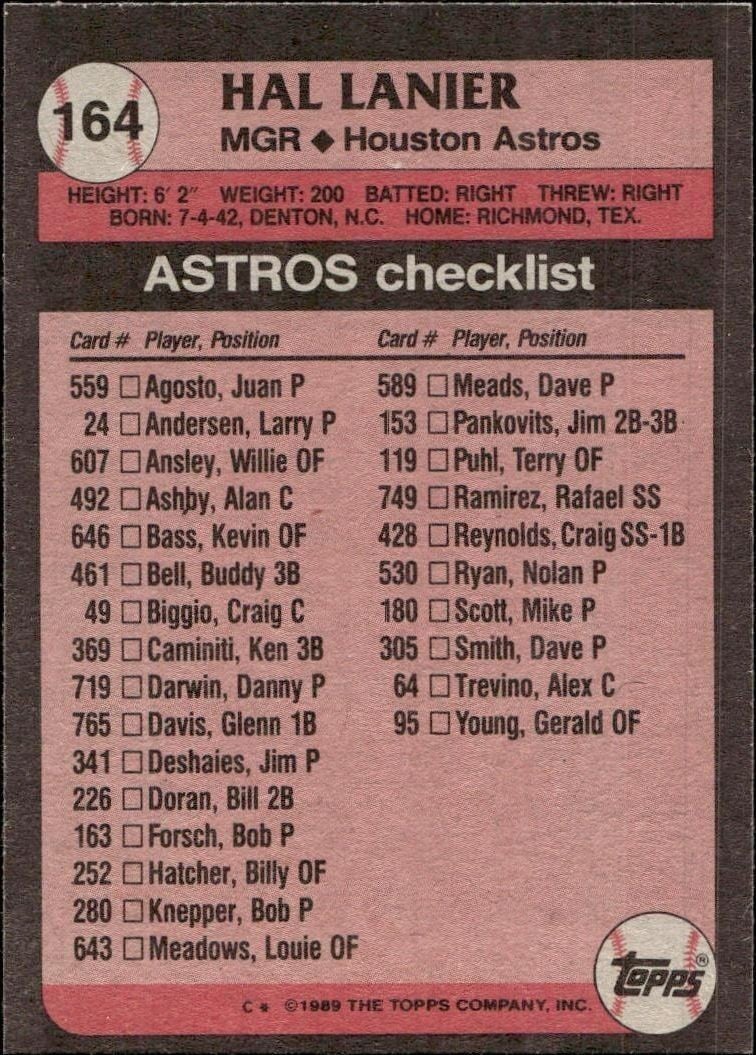 1989 Topps Hal Lanier #164 baseball trading card back