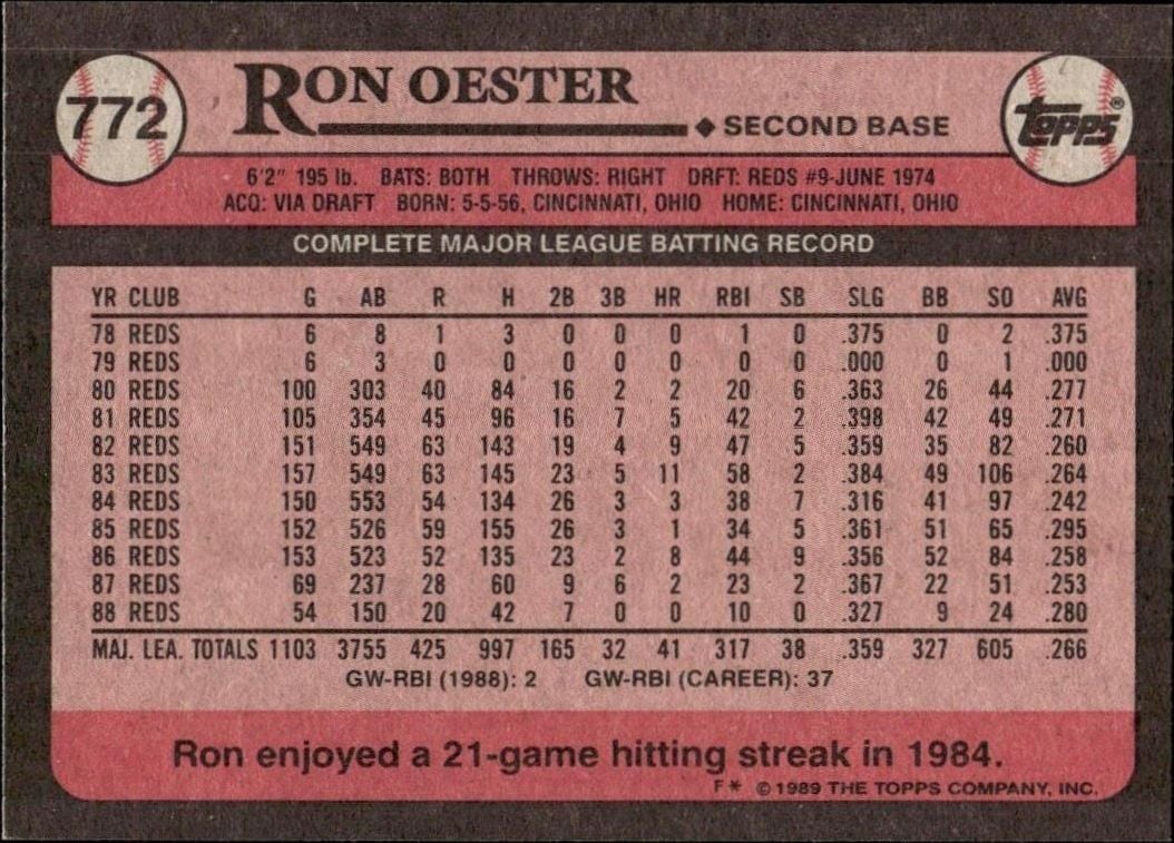1989 Topps Ron Oester #772 baseball trading card back