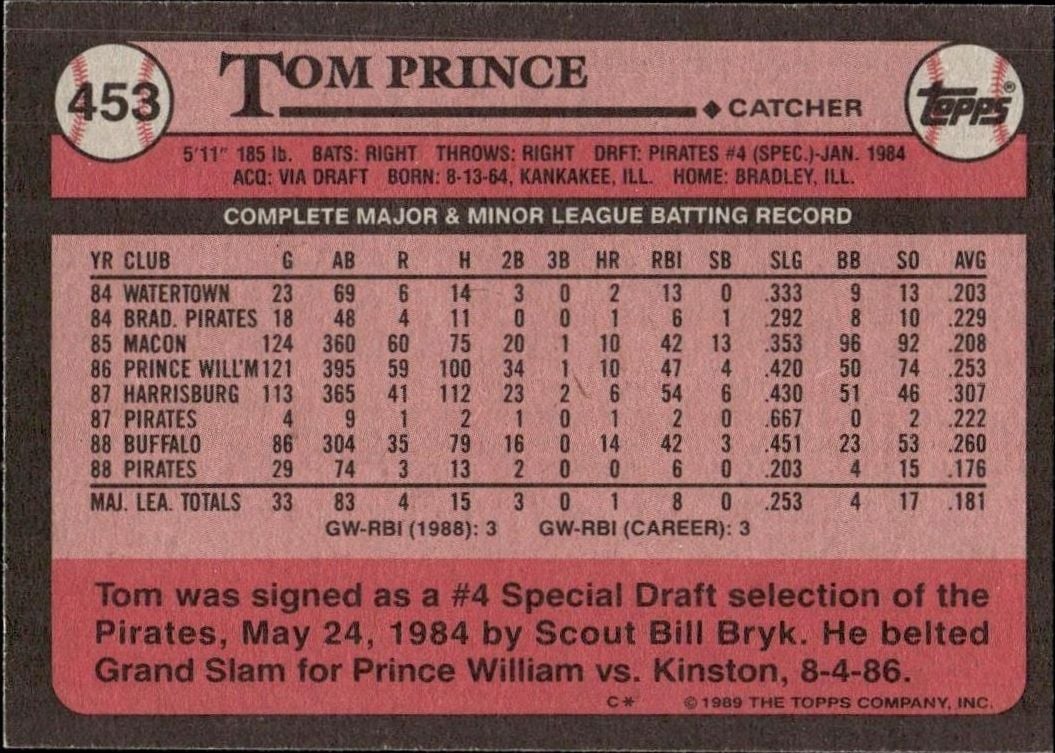 1989 Topps Tom Prince #453 baseball trading card back