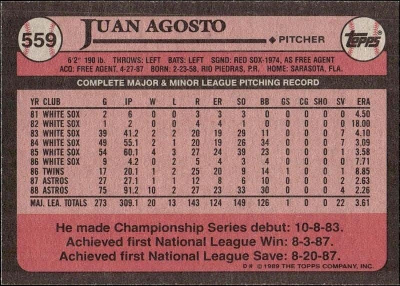1989 Topps Juan Agosto #559 baseball trading card back