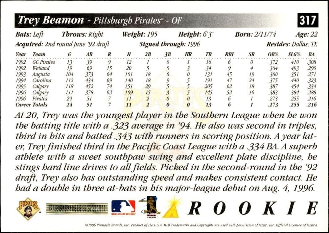 1997 Pinnacle Score Trey Beamon #317 baseball trading card back