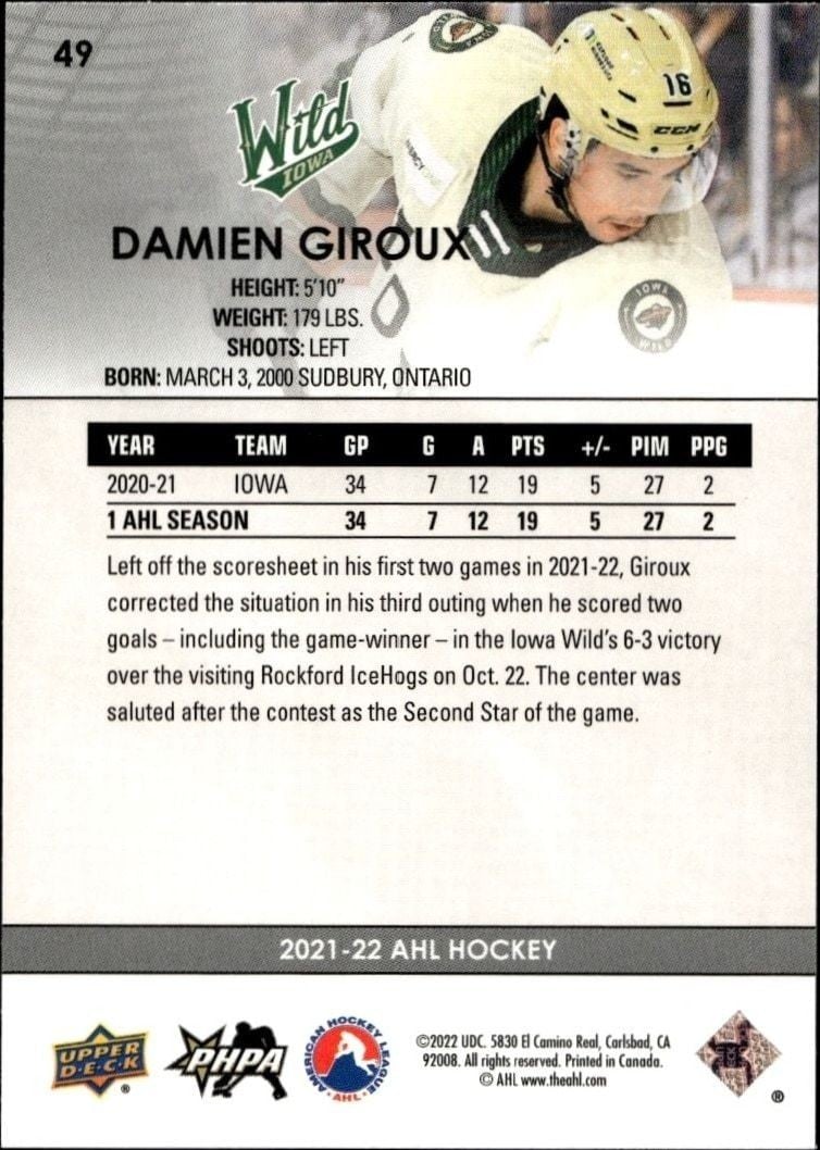 2021-22 Upper Deck Ahl Damien Giroux #49 hockey trading card back