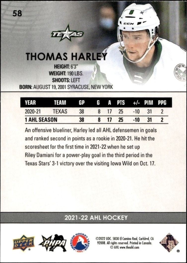 2021-22 Upper Deck Ahl Thomas Harley #58 hockey trading card back