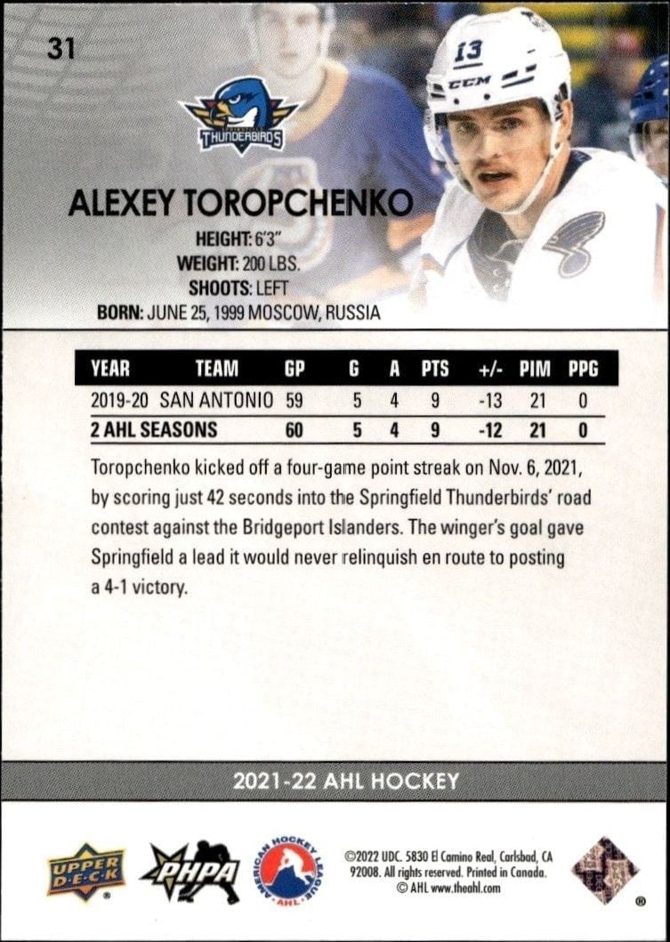 2021-22 Upper Deck Ahl Alexey Toropchenko #31 hockey trading card back