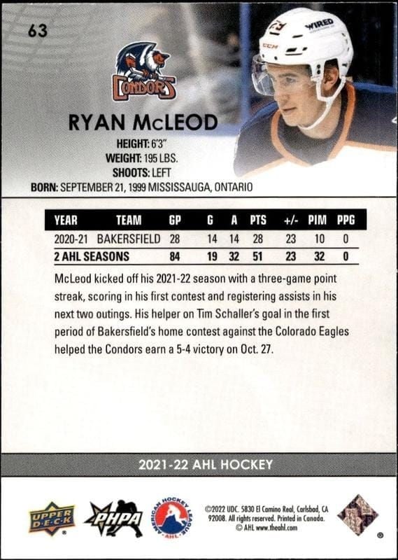 2021-22 Upper Deck Ahl Ryan McLeod #63 hockey trading card back