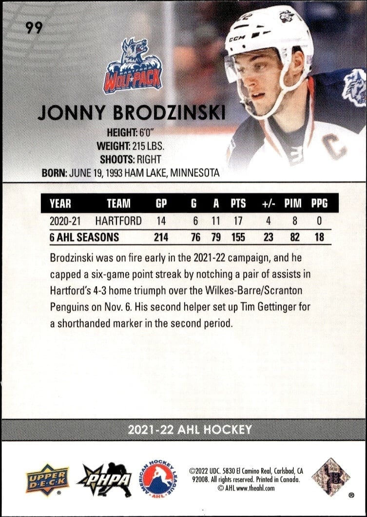 2021-22 Upper Deck Ahl Jonny Brodzinski #99 hockey trading card back