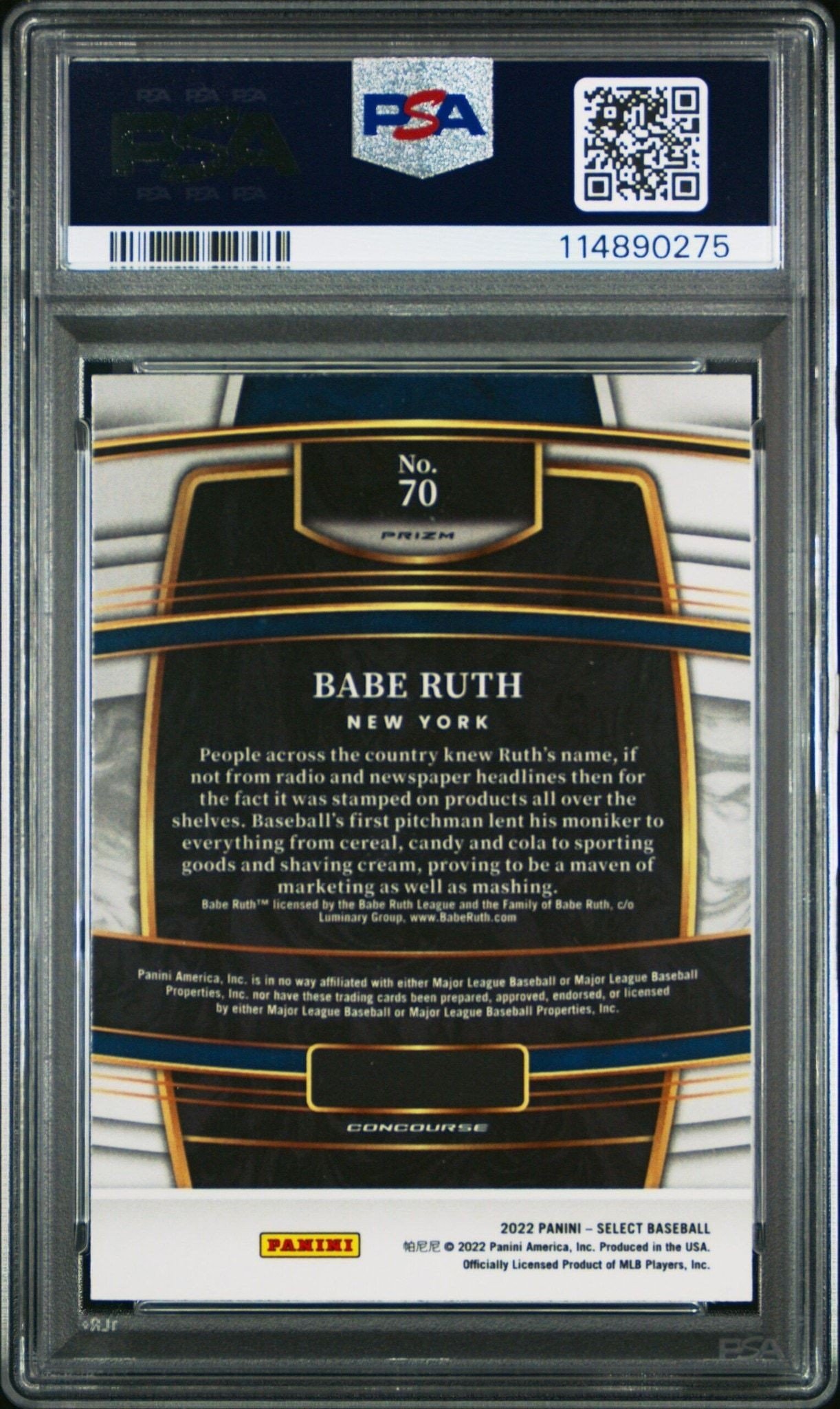 2022 Panini Select Babe Ruth #70 baseball trading card back