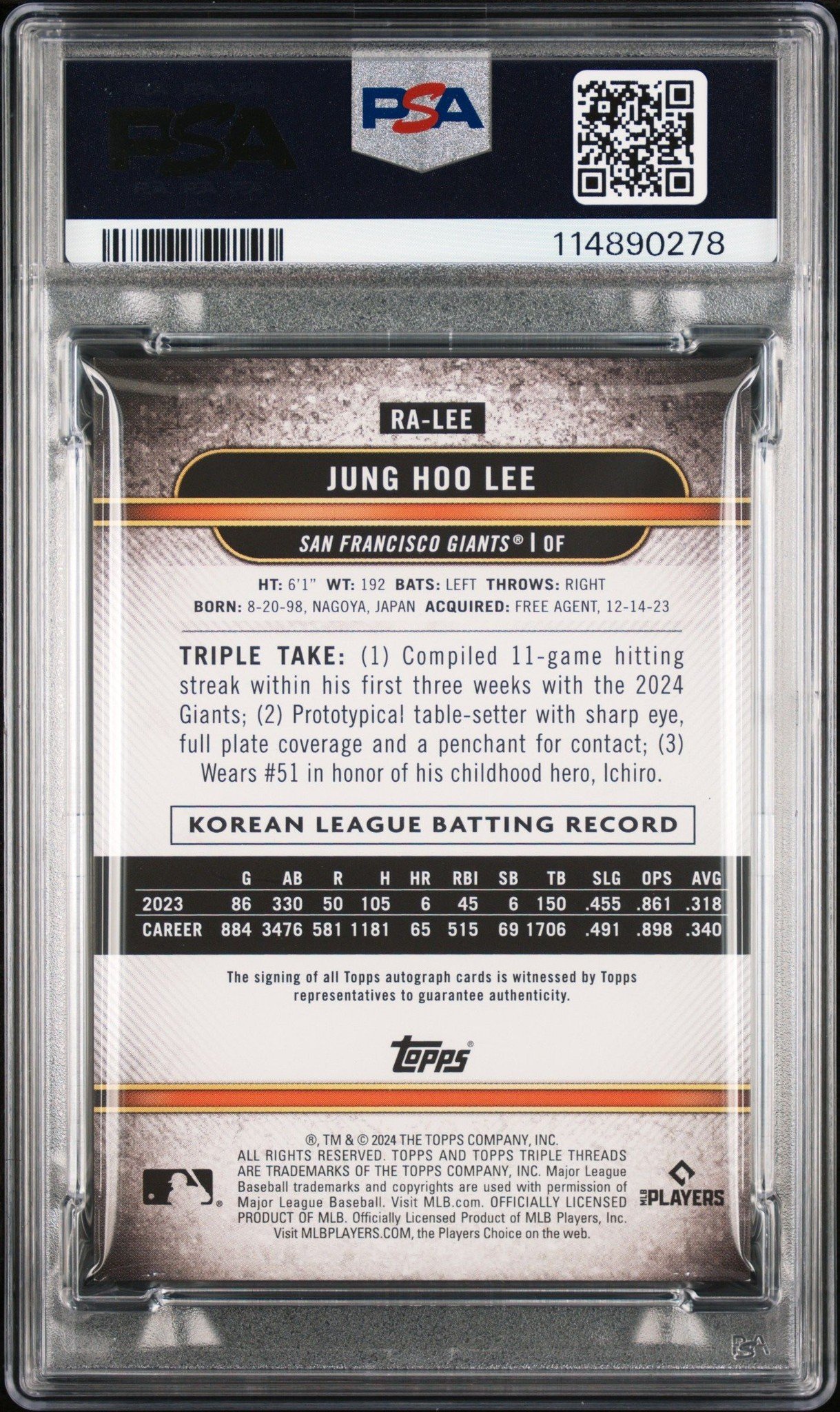 2024 Topps Jung Hoo Lee #RA-LEE baseball trading card back