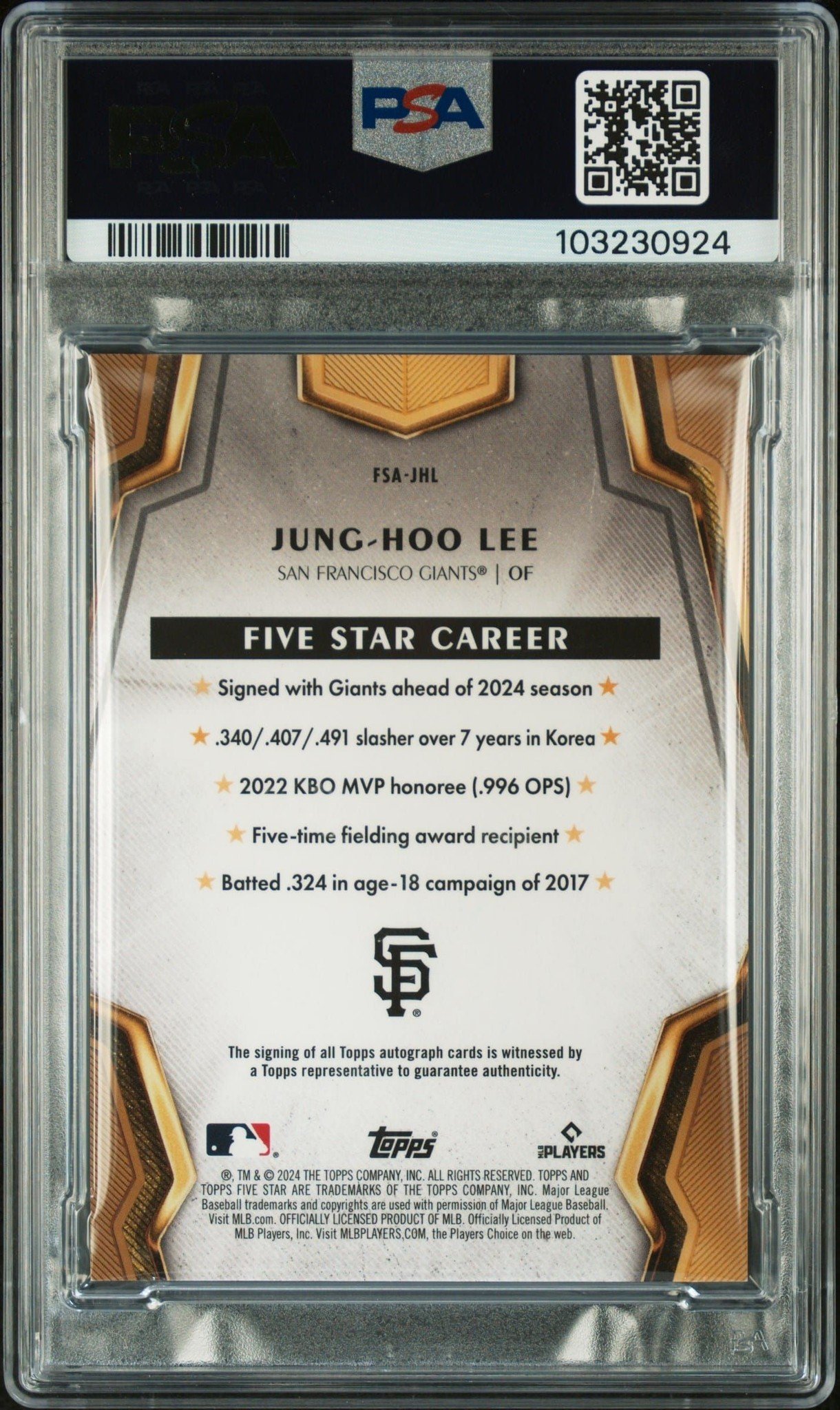 2024 Topps Five Star Jung Hoo Lee #FSA-JHL baseball trading card back