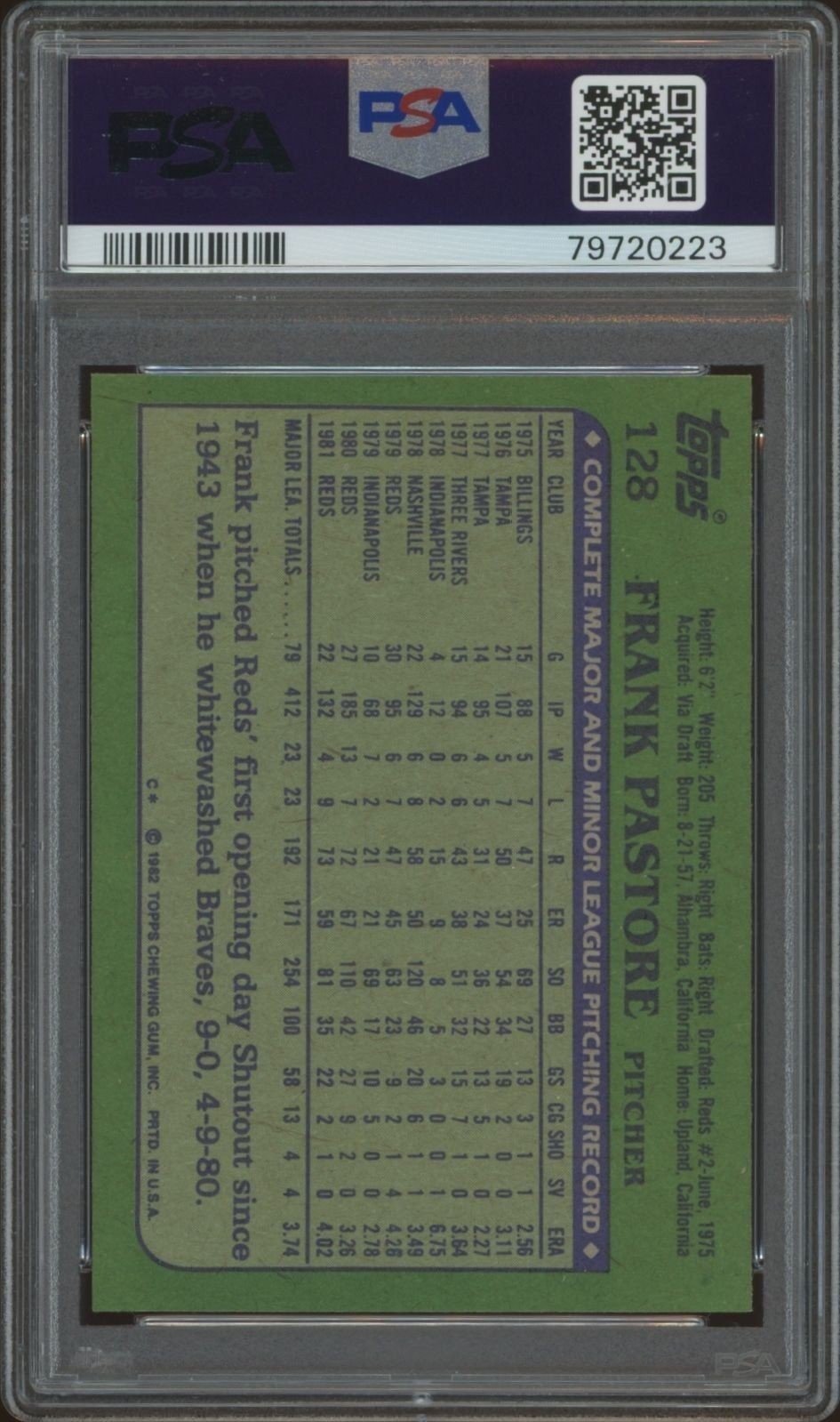 1982 Topps Frank Pastore #128 baseball trading card back