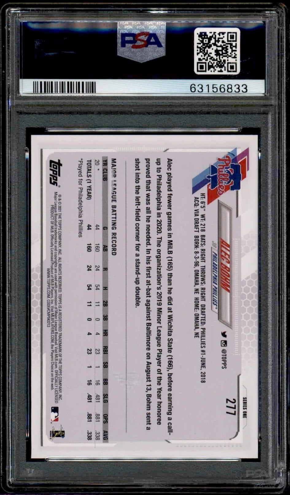 2021 Topps Alec Bohm #277 baseball trading card back
