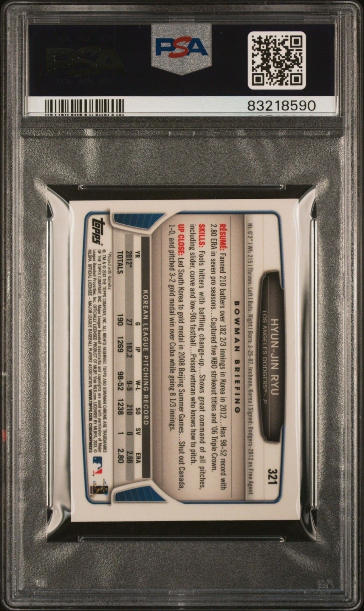 2013 Bowman Chrome Hyun-Jin Ryu #321 baseball trading card back