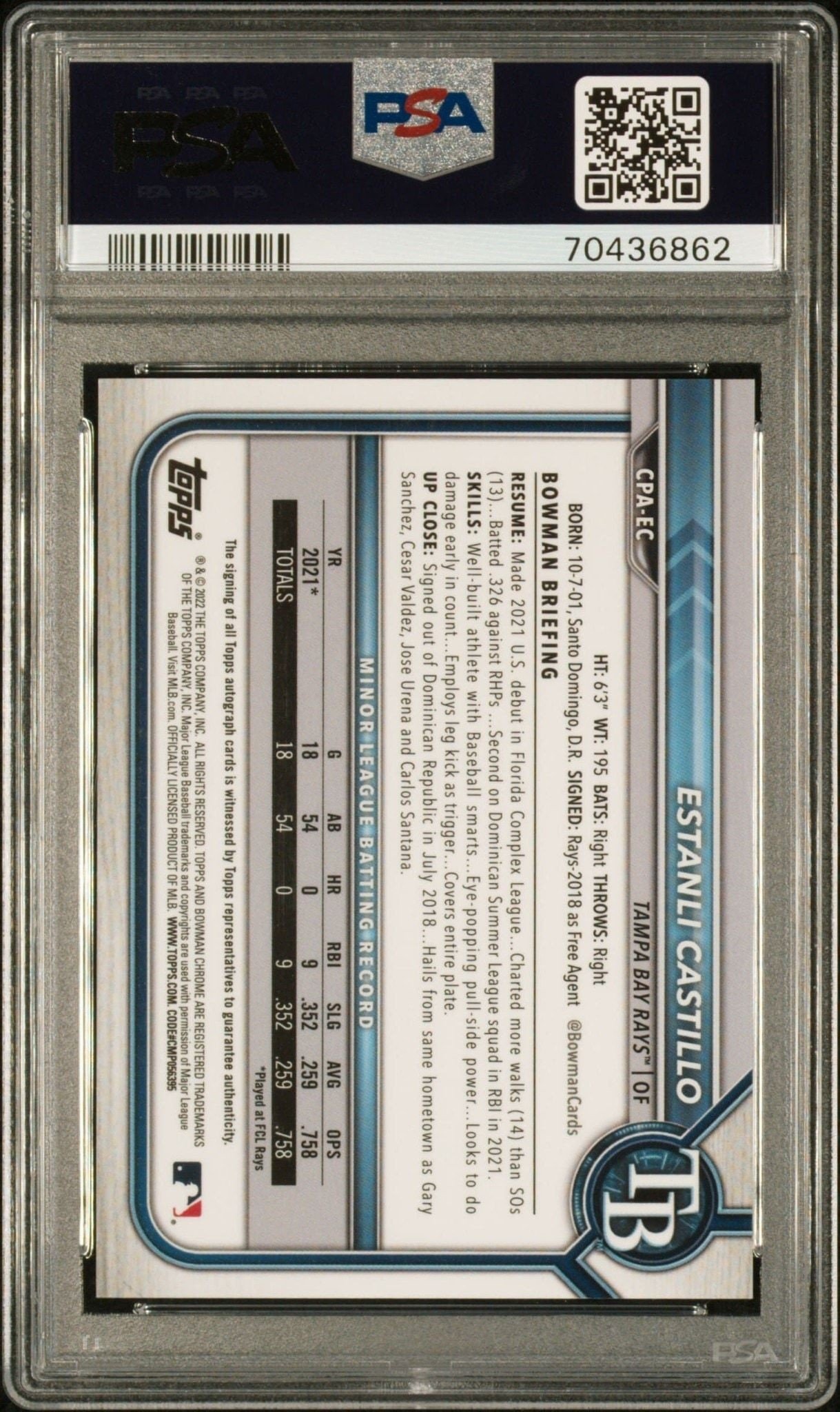 2022 Bowman Chrome Estanli Castillo #CPA-EC baseball trading card back