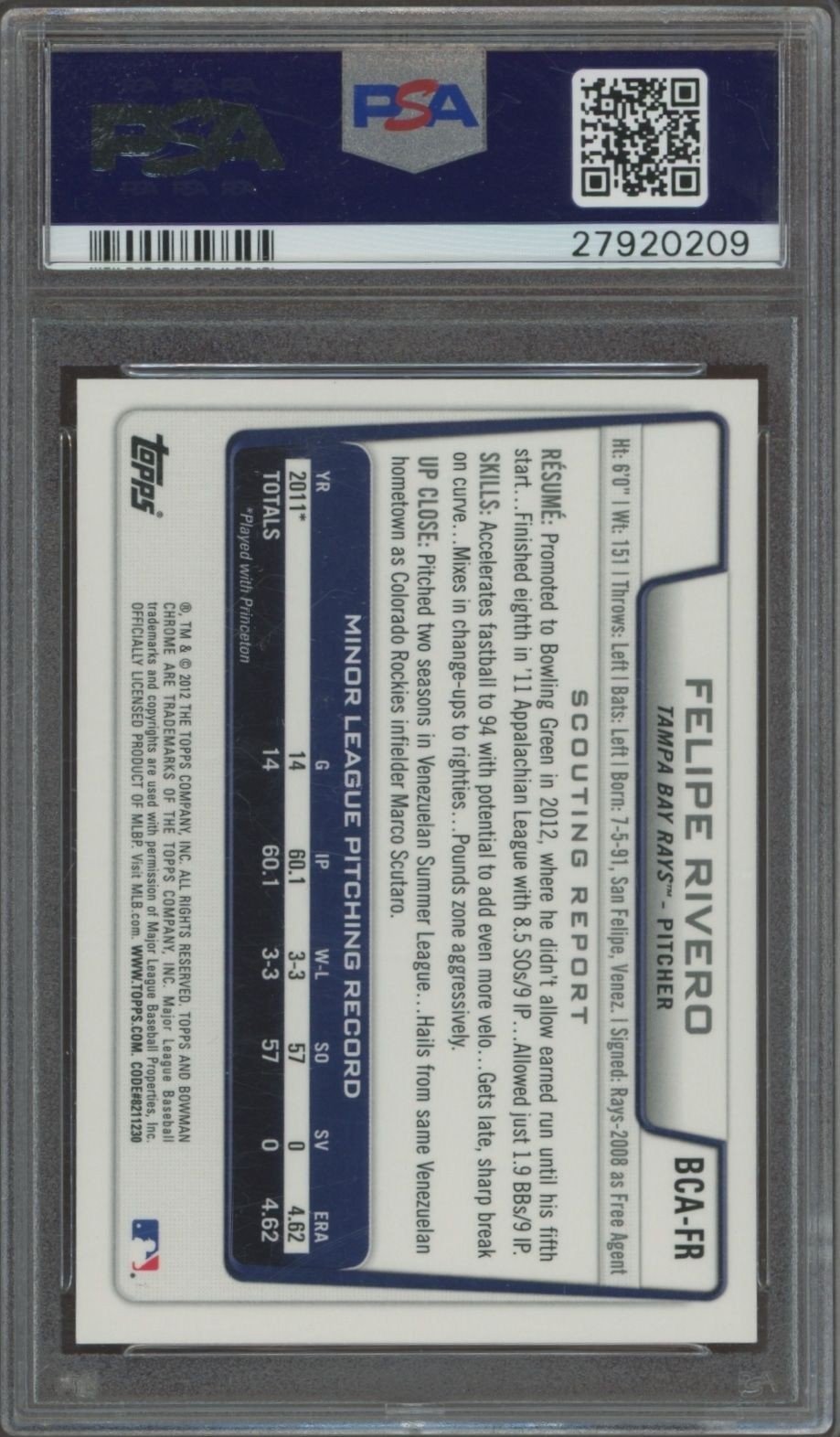 2012 Bowman Chrome Felipe Rivero #BCA-FR baseball trading card back