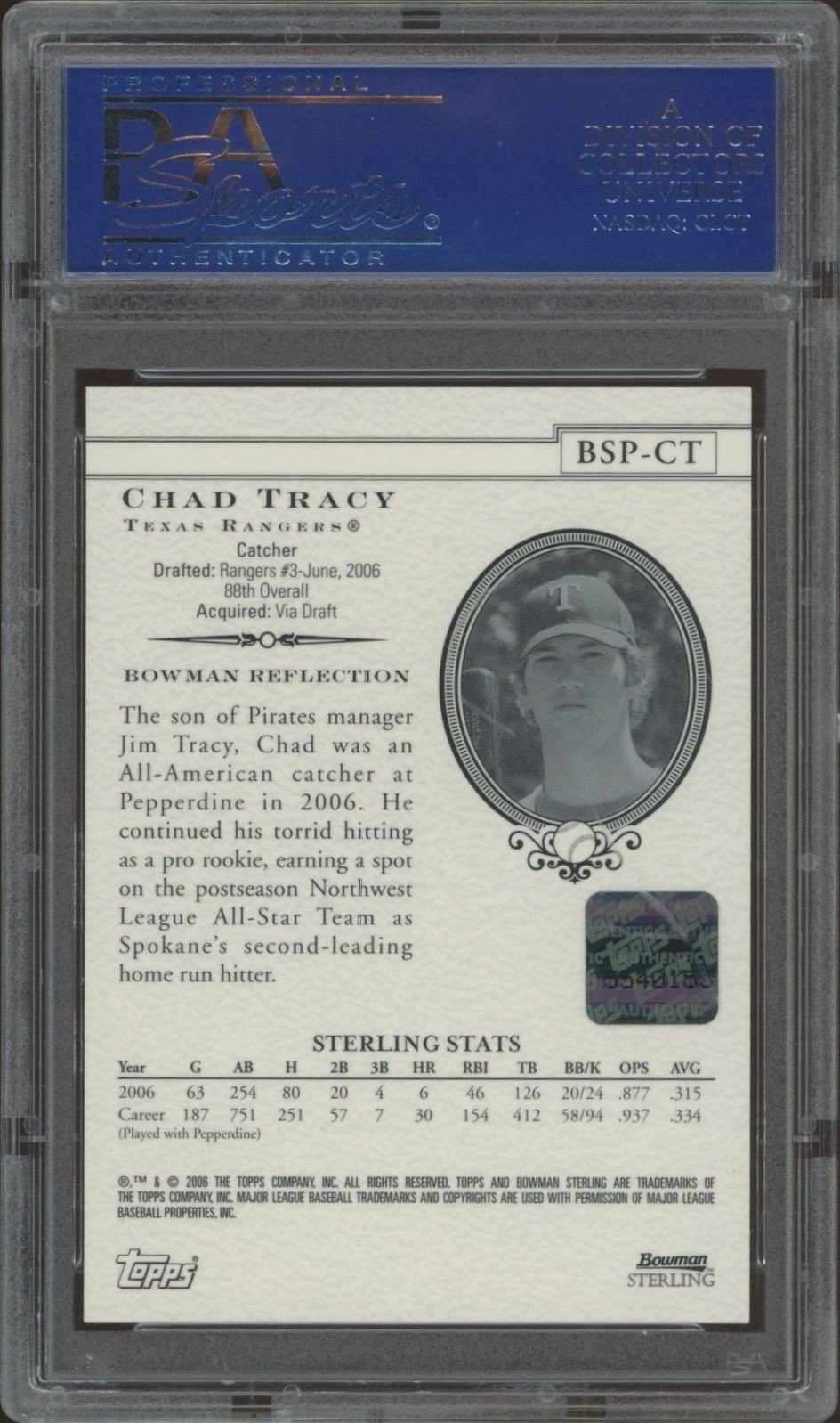2006 Bowman Sterling Chad Tracy #BSP-CT baseball trading card back