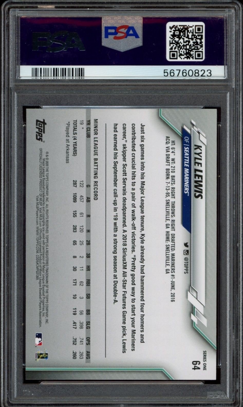 2020 Topps Kyle Lewis #64 baseball trading card back