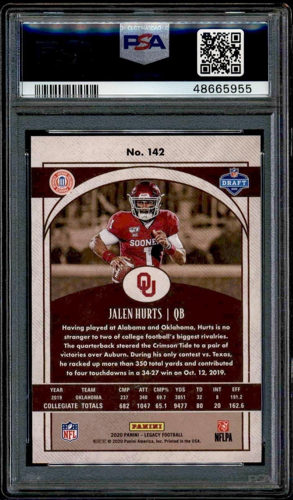 2020 Panini Legacy Jalen Hurts #142 football trading card back