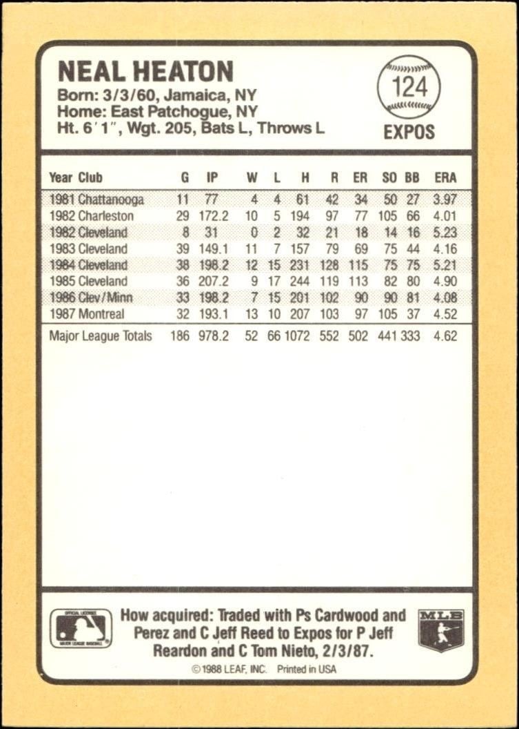 1988 Donruss Baseball's Best Neal Heaton #124 baseball trading card back