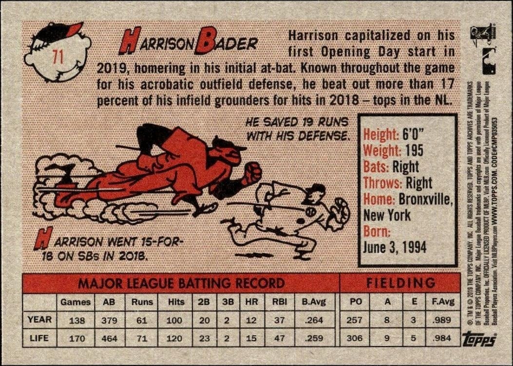 2019 Topps Archives Harrison Bader #71 baseball trading card back