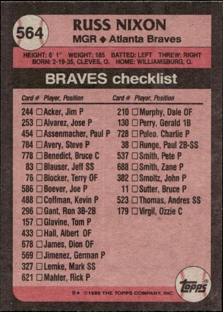 1989 Topps Russ Nixon #564 baseball trading card back