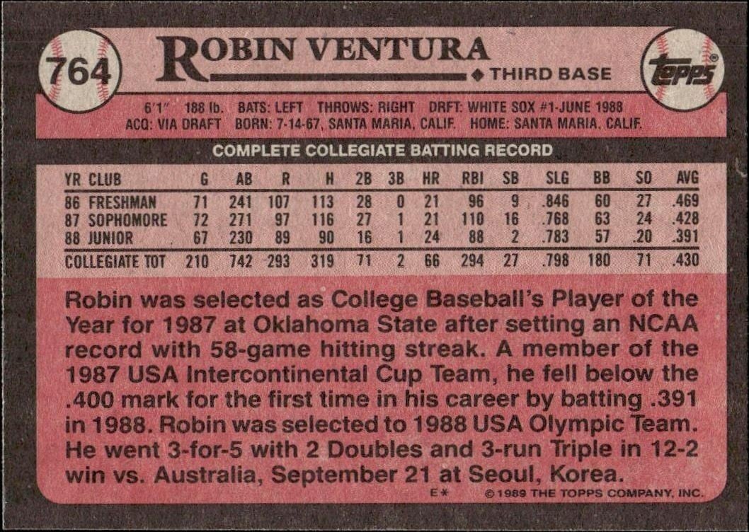 1989 Topps Robin Ventura #764 baseball trading card back