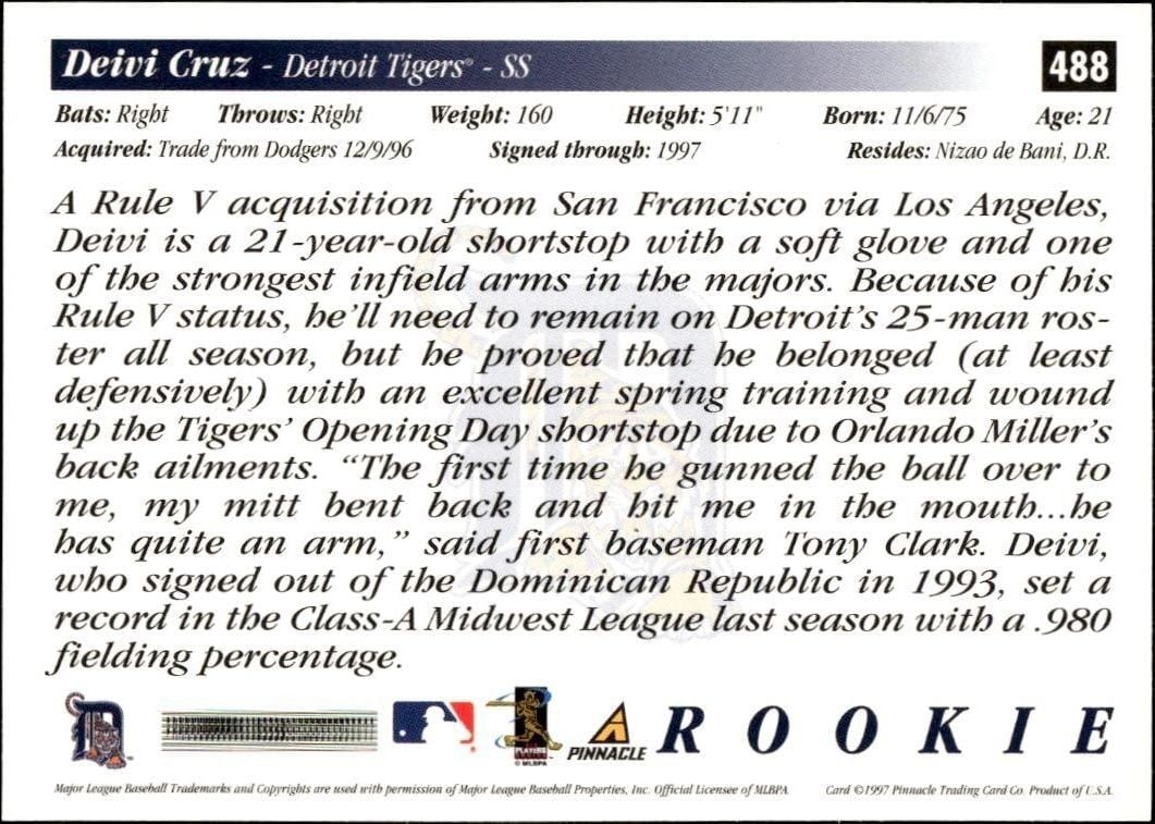 1997 Pinnacle Score Deivi Cruz #488 baseball trading card back