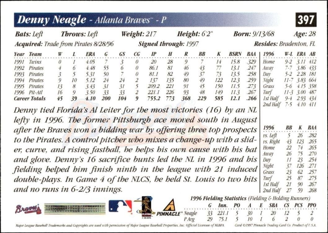 1997 Pinnacle Score Denny Neagle #397 baseball trading card back