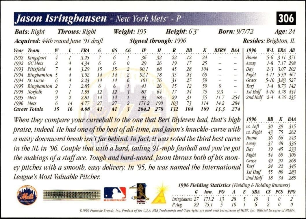 1997 Pinnacle Score Jason Isringhausen #306 baseball trading card back
