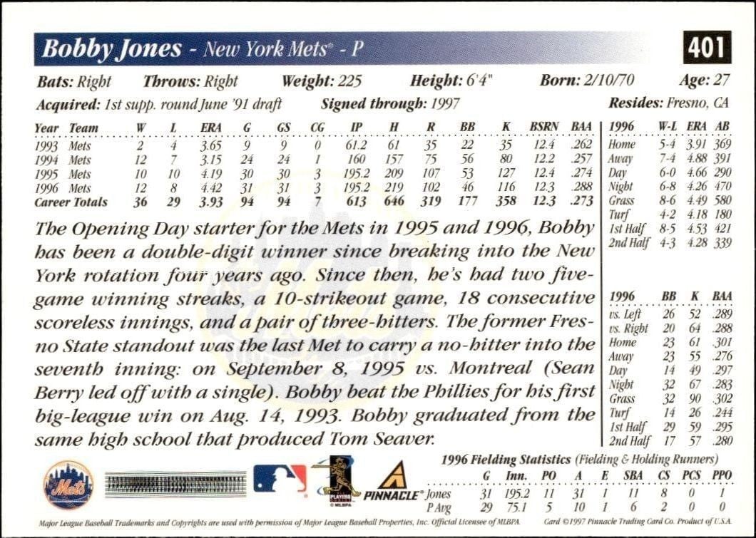 1997 Pinnacle Score Bobby Jones #401 baseball trading card back