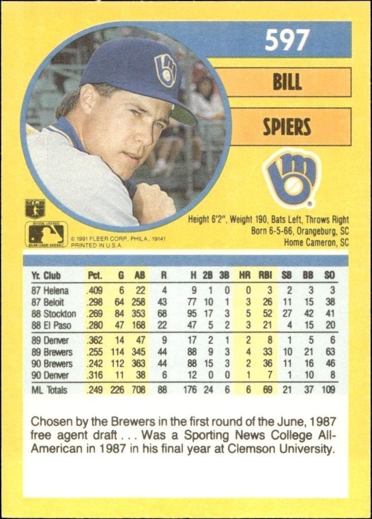 1991 Fleer Bill Spiers #597 baseball trading card back