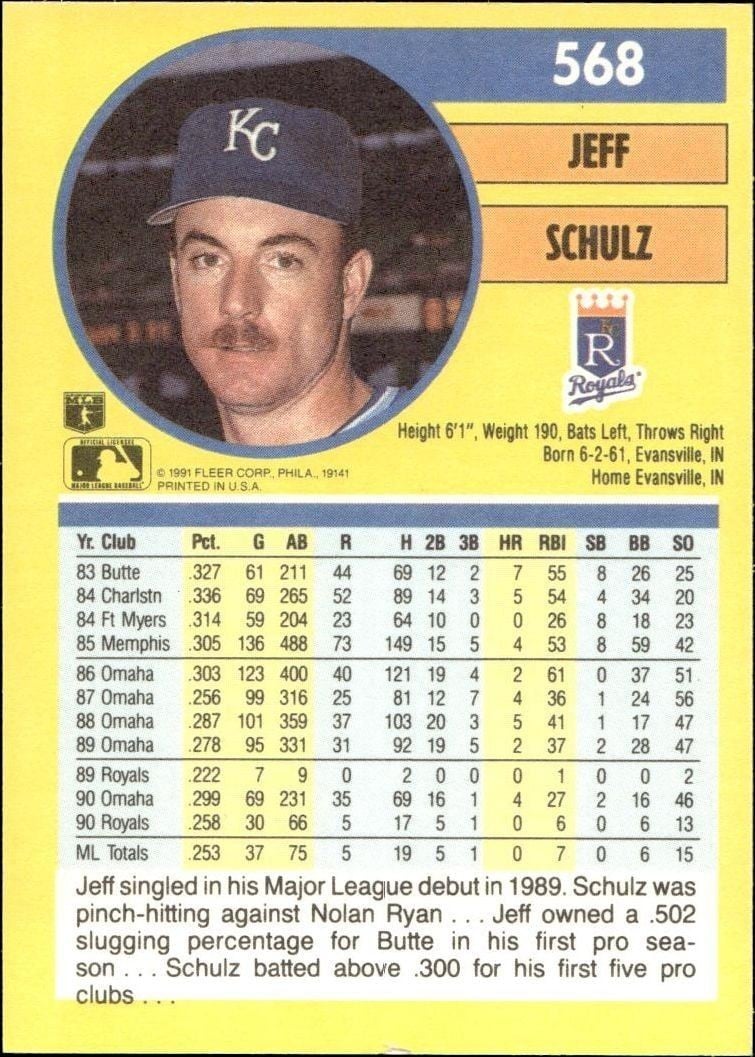 1991 Fleer Jeff Schulz #568 baseball trading card back