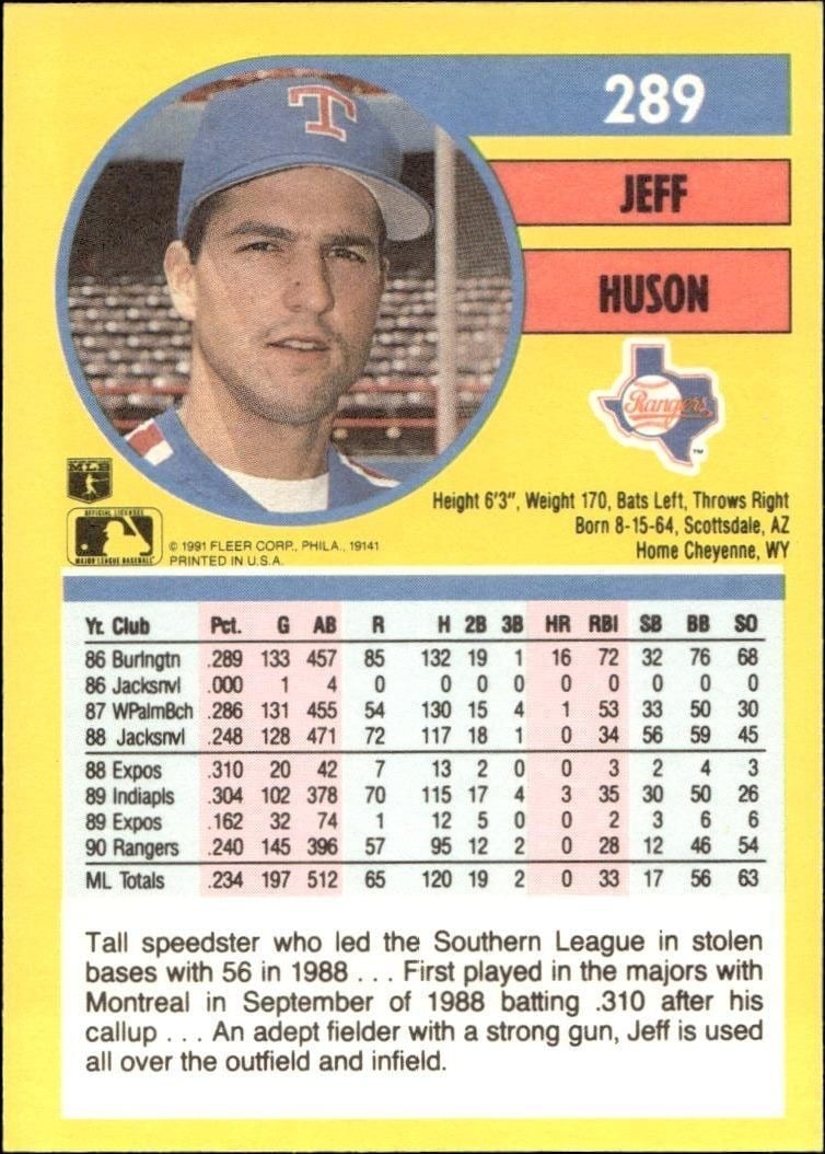 1991 Fleer Jeff Huson #289 baseball trading card back