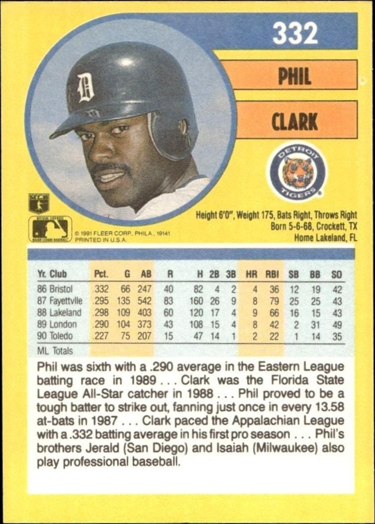 1991 Fleer Phil Clark #332 baseball trading card back