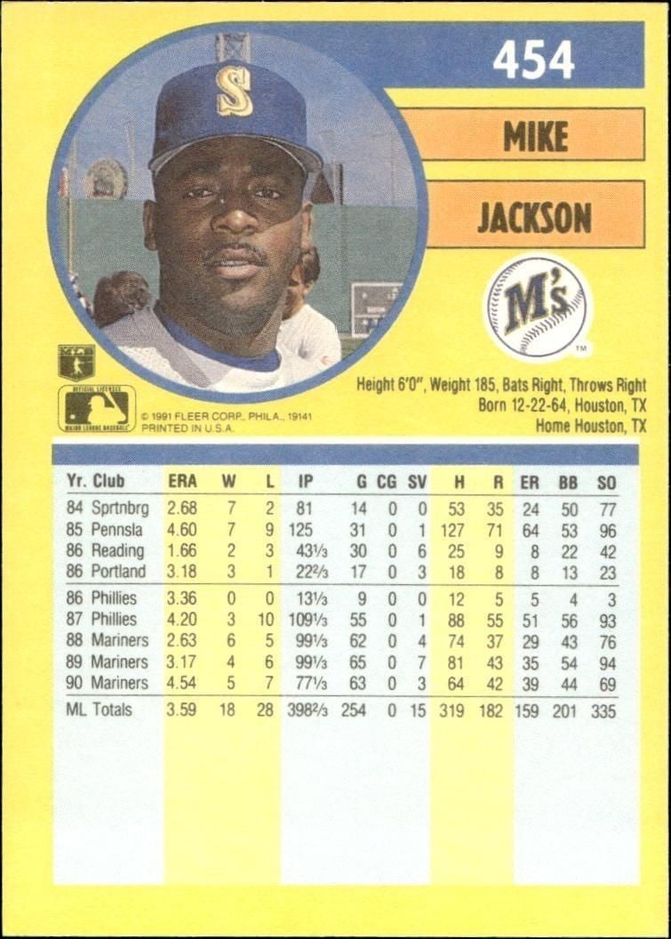 1991 Fleer Mike Jackson #454 baseball trading card back