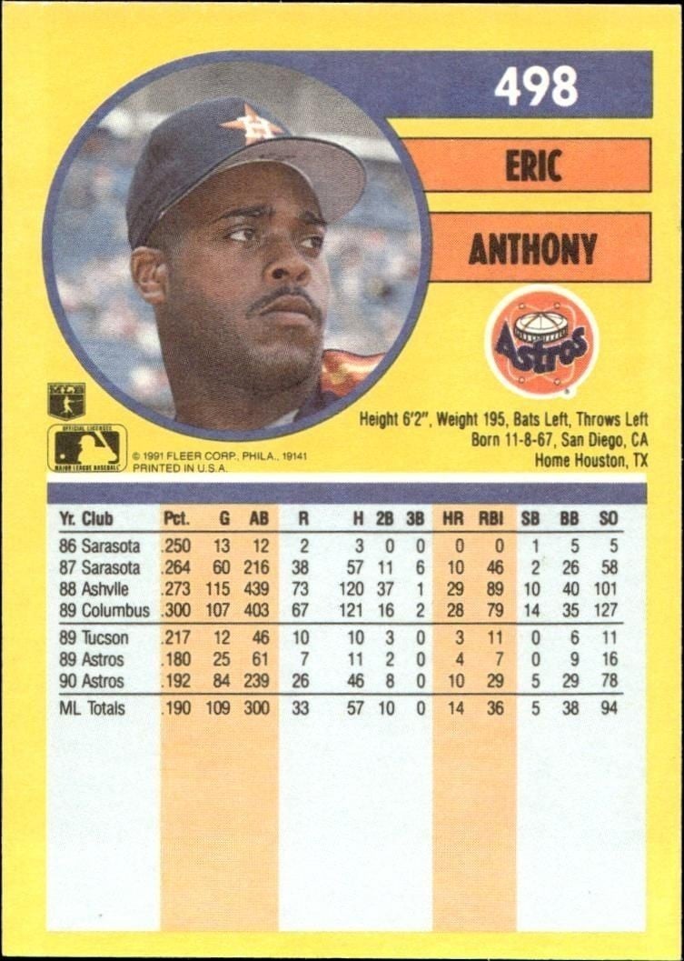1991 Fleer Eric Anthony #498 baseball trading card back