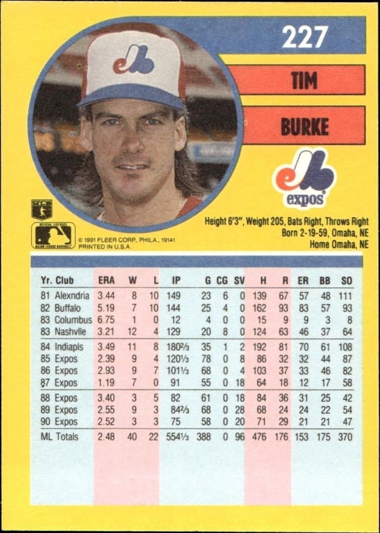 1991 Fleer Tim Burke #227 baseball trading card back