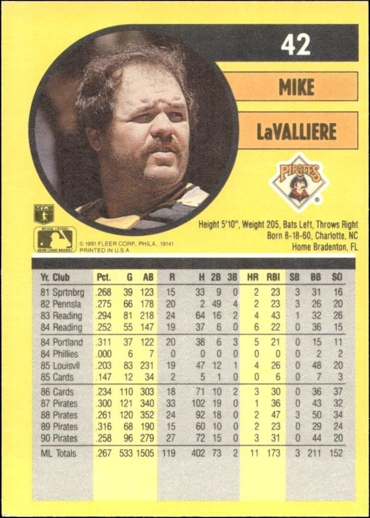 1991 Fleer Mike LaValliere #42 baseball trading card back