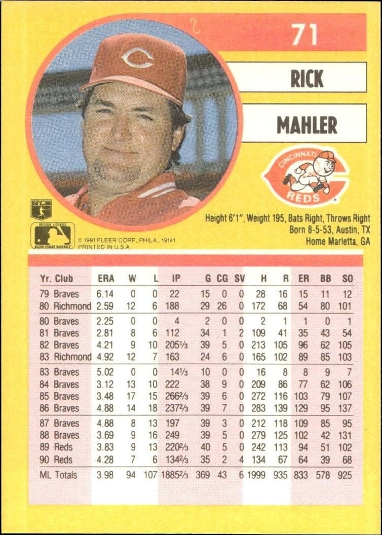 1991 Fleer Rick Mahler #71 baseball trading card back