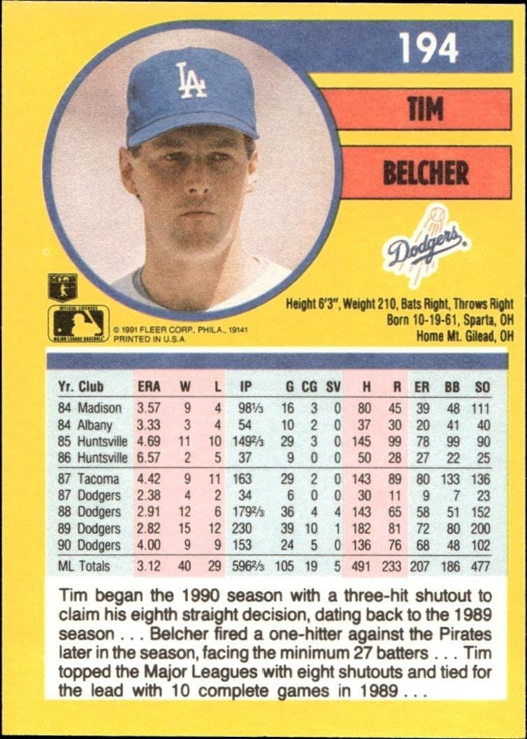 1991 Fleer Tim Belcher #194 baseball trading card back
