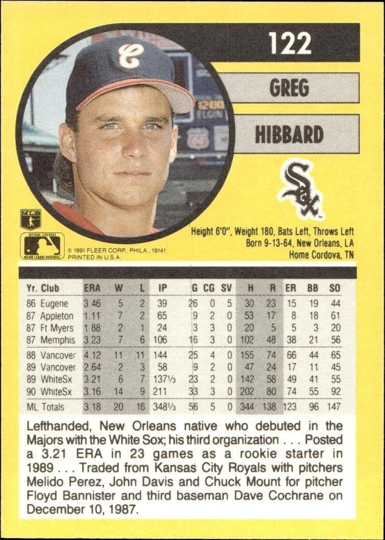 1991 Fleer Greg Hibbard #122 baseball trading card back