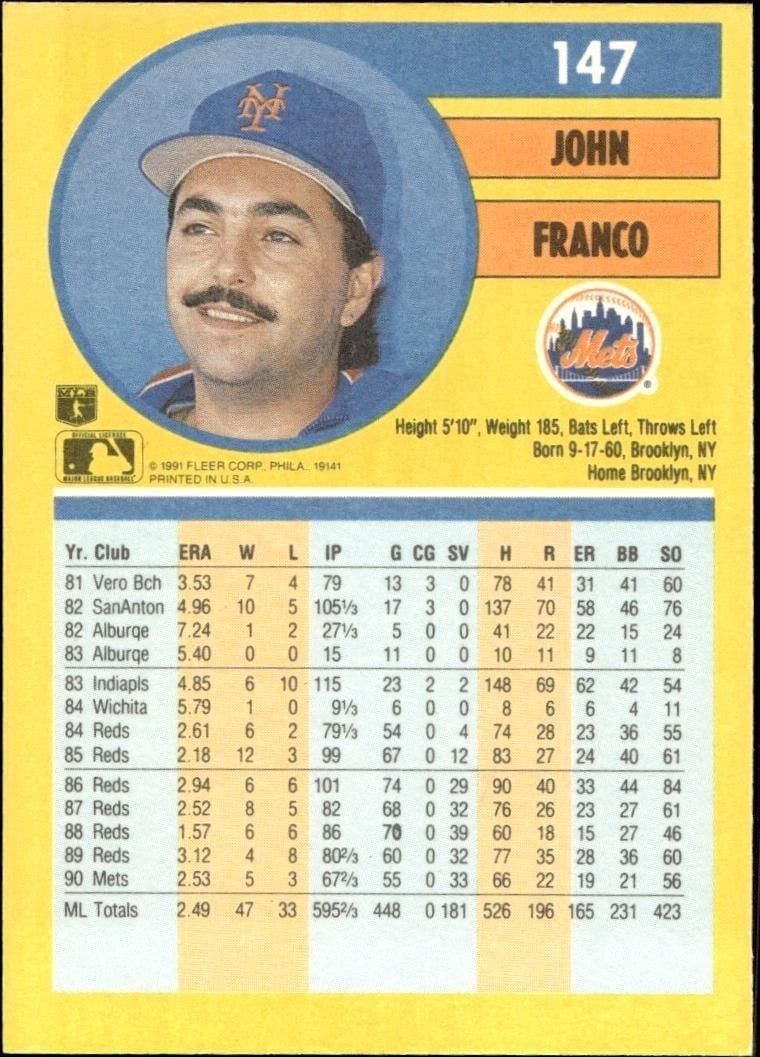 1991 Fleer John Franco #147 baseball trading card back