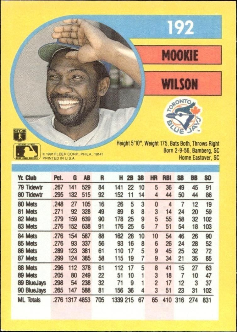 1991 Fleer Mookie Wilson #192 baseball trading card back