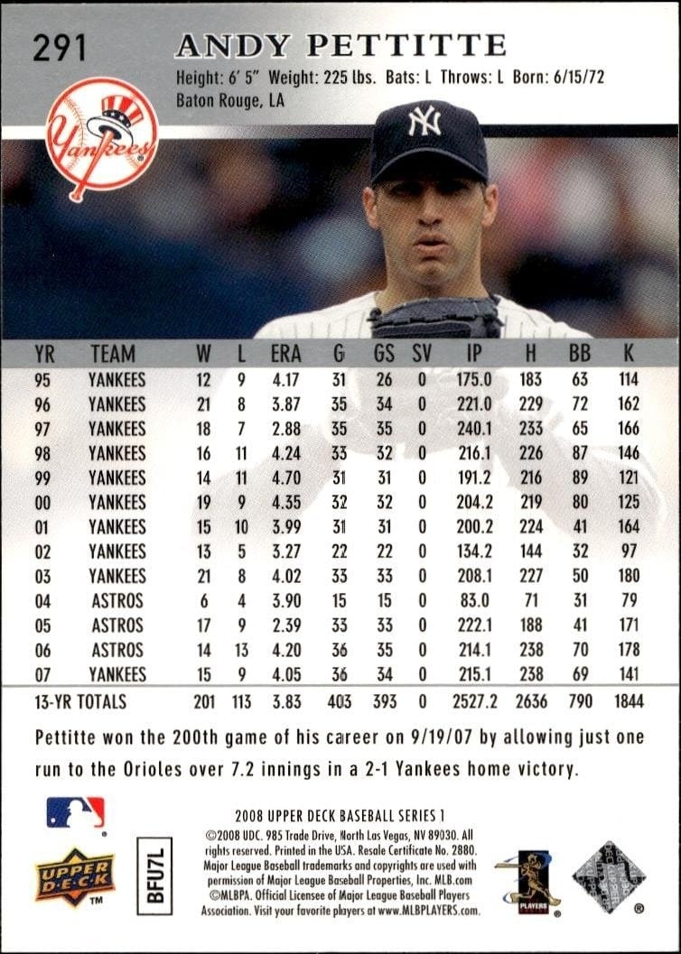 2008 Upper Deck Andy Pettitte #291 baseball trading card back