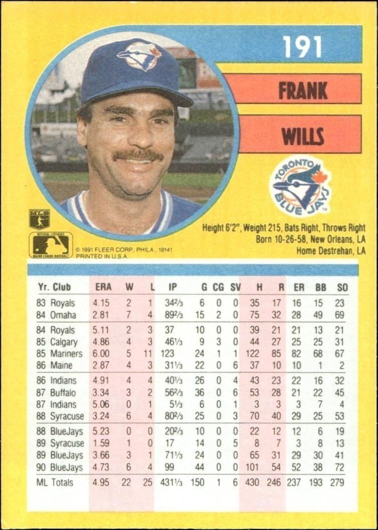 1991 Fleer Frank Wills #191 baseball trading card back