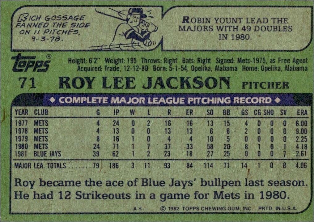 1982 Topps Roy Lee Jackson #71 baseball trading card back