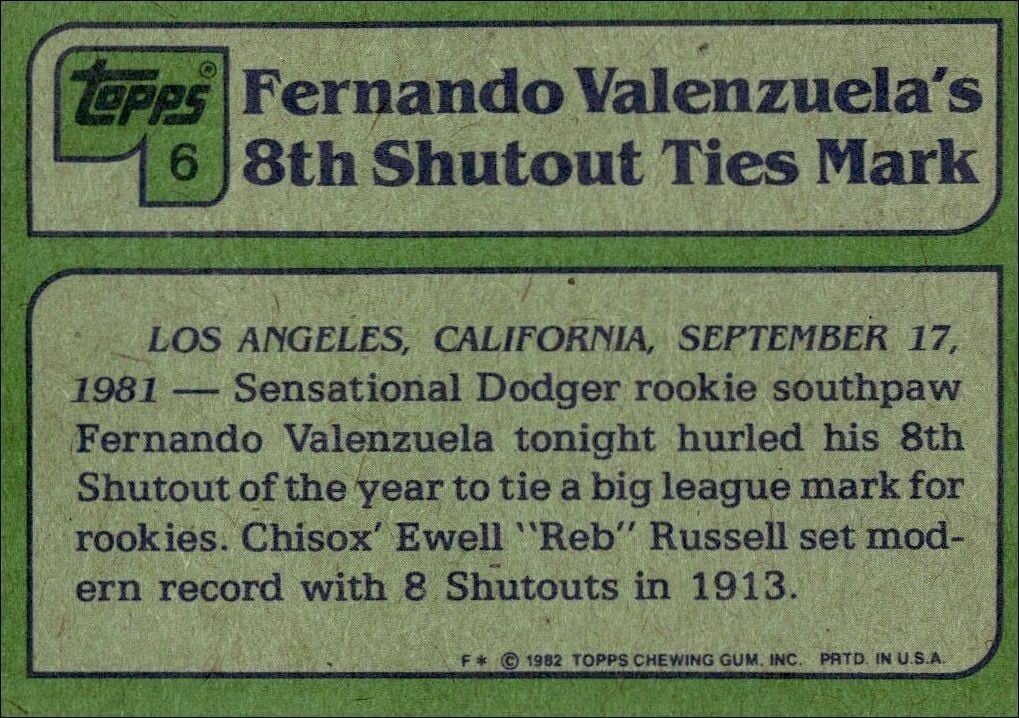 1982 Topps Fernando Valenzuela #6 baseball trading card back