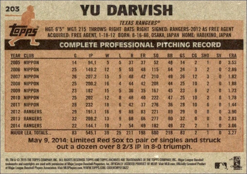 2015 Topps Archives Yu Darvish #203 baseball trading card back